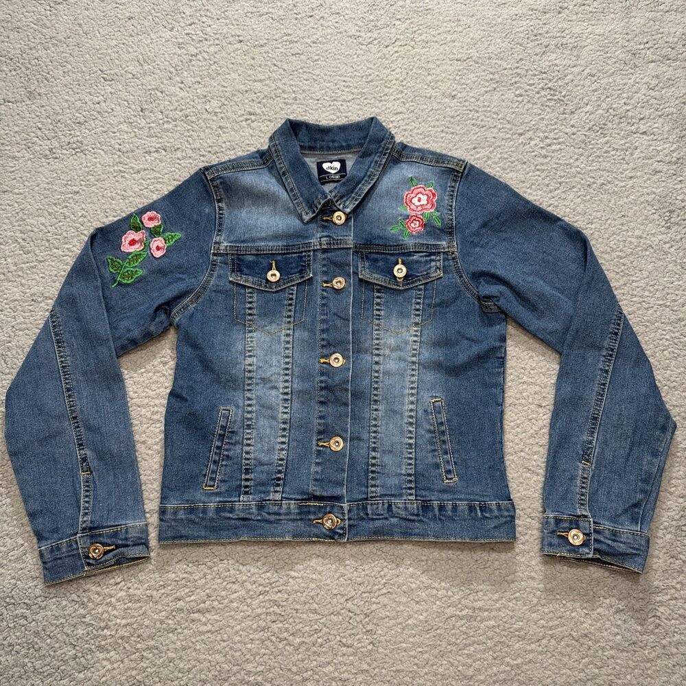 Dkin Jean Jacket Girls 14 /16 Blue Buttons Floral Flap Pockets Collared Denim L
